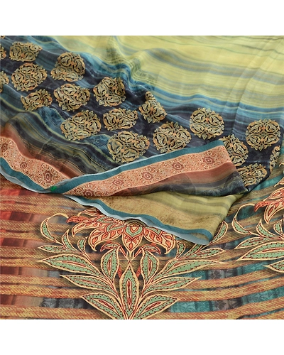 Sanskriti Vintage Sarees From India Green Georgette Printed Sari Craft Fabric, PRG-12355-Green-Printed Floral Design-Poly Georgette-9