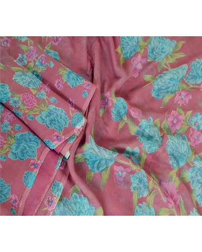 Sanskriti Vintage Sarees Purple Pure Chiffon Silk Printed Sari 5Yd Craft Fabric, PRG-12360-Purple-Printed Floral Design-Pure Chiffon Silk-3