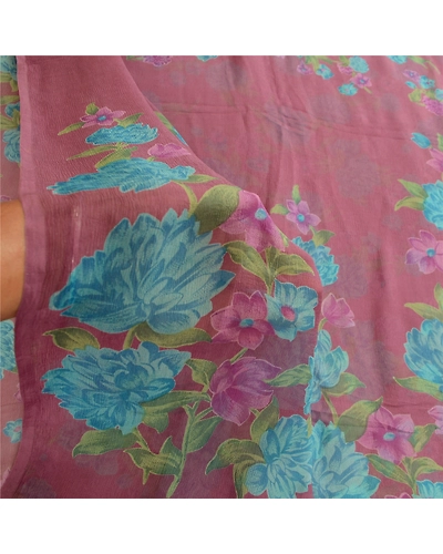 Sanskriti Vintage Sarees Purple Pure Chiffon Silk Printed Sari 5Yd Craft Fabric, PRG-12360-Purple-Printed Floral Design-Pure Chiffon Silk-5