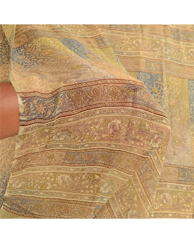 Sanskriti Vintage Sarees Green Pure Georgette Silk Printed Sari 5Yd Craft Fabric, PRG-12362-Green-Printed Floral Design-Pure Georgette Silk-4