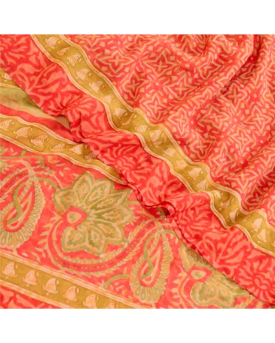Sanskriti Vintage Sarees Red Block Printed Pure Georgette Silk Sari Craft Fabric, PRG-12364-Red-Printed Floral Design-Pure Georgette Silk-1