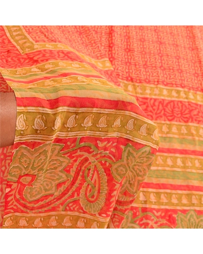 Sanskriti Vintage Sarees Red Block Printed Pure Georgette Silk Sari Craft Fabric, PRG-12364-Red-Printed Floral Design-Pure Georgette Silk-4