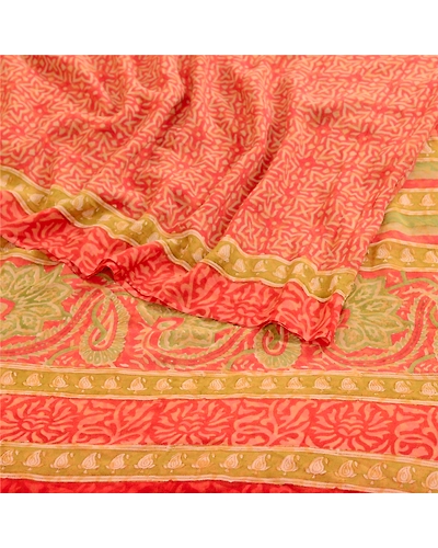 Sanskriti Vintage Sarees Red Block Printed Pure Georgette Silk Sari Craft Fabric, PRG-12364-Red-Printed Floral Design-Pure Georgette Silk-7