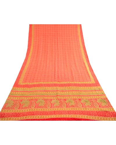 Sanskriti Vintage Sarees Red Block Printed Pure Georgette Silk Sari Craft Fabric, PRG-12364-Red-Printed Floral Design-Pure Georgette Silk-8