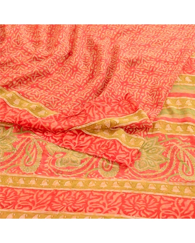 Sanskriti Vintage Sarees Red Block Printed Pure Georgette Silk Sari Craft Fabric, PRG-12364-Red-Printed Floral Design-Pure Georgette Silk-9