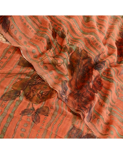Sanskriti Vintage Sarees Peach Pure Georgette Silk Printed Sari 5Yd Craft Fabric, PRG-12369-Peach-Printed Floral Design-Pure Georgette Silk-1