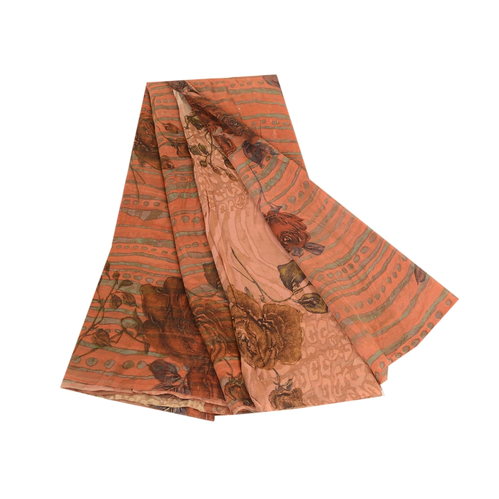 Sanskriti Vintage Sarees Peach Pure Georgette Silk Printed Sari 5Yd Craft Fabric, PRG-12369-Peach-Printed Floral Design-Pure Georgette Silk-2