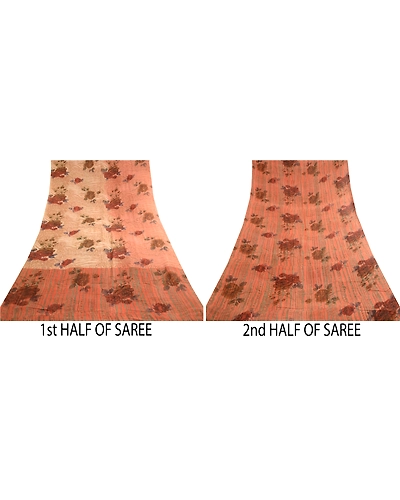 Sanskriti Vintage Sarees Peach Pure Georgette Silk Printed Sari 5Yd Craft Fabric, PRG-12369-Peach-Printed Floral Design-Pure Georgette Silk-5