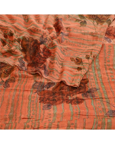 Sanskriti Vintage Sarees Peach Pure Georgette Silk Printed Sari 5Yd Craft Fabric, PRG-12369-Peach-Printed Floral Design-Pure Georgette Silk-7
