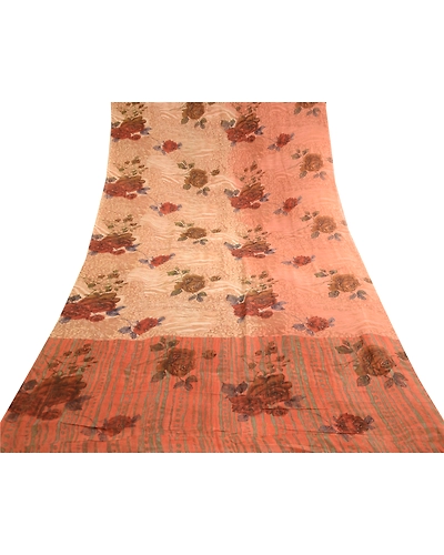 Sanskriti Vintage Sarees Peach Pure Georgette Silk Printed Sari 5Yd Craft Fabric, PRG-12369-Peach-Printed Floral Design-Pure Georgette Silk-8