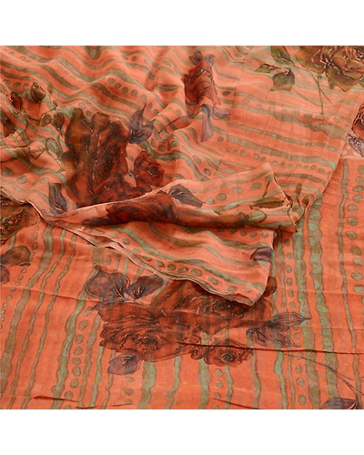 Sanskriti Vintage Sarees Peach Pure Georgette Silk Printed Sari 5Yd Craft Fabric, PRG-12369-Peach-Printed Floral Design-Pure Georgette Silk-9