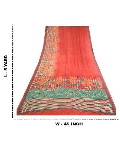 Sanskriti Vintage Sarees Red Pure Georgette Silk Printed Sari 5Yd Craft Fabric, PRG-12377-Dusty Red-Printed Floral Design-Pure Georgette Silk-3