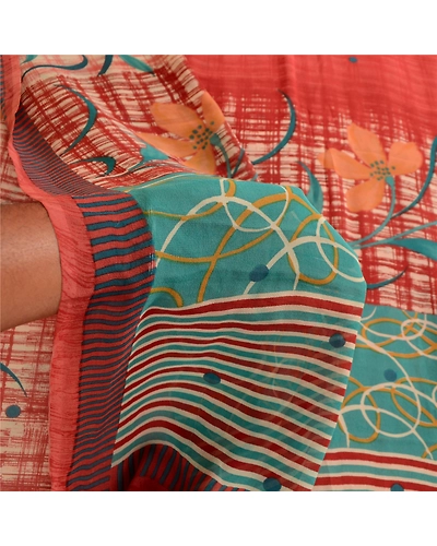 Sanskriti Vintage Sarees Red Pure Georgette Silk Printed Sari 5Yd Craft Fabric, PRG-12377-Dusty Red-Printed Floral Design-Pure Georgette Silk-4