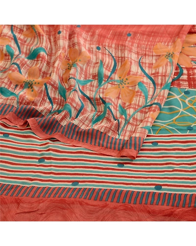 Sanskriti Vintage Sarees Red Pure Georgette Silk Printed Sari 5Yd Craft Fabric, PRG-12377-Dusty Red-Printed Floral Design-Pure Georgette Silk-7