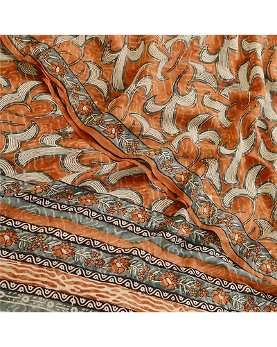 Sanskriti Vintage Sarees Brown Block Print Pure Georgette Silk Sari Craft Fabric, PRG-12382-Brown-Printed Floral Design-Pure Georgette Silk-1