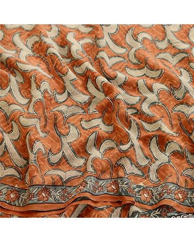Sanskriti Vintage Sarees Brown Block Print Pure Georgette Silk Sari Craft Fabric, PRG-12382-Brown-Printed Floral Design-Pure Georgette Silk-6