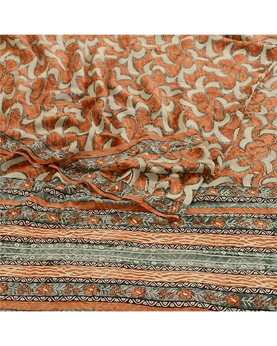 Sanskriti Vintage Sarees Brown Block Print Pure Georgette Silk Sari Craft Fabric, PRG-12382-Brown-Printed Floral Design-Pure Georgette Silk-9
