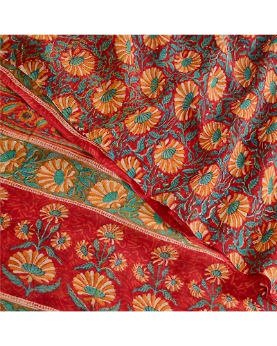 Sanskriti Vintage Sarees From India Red Pure Georgette Silk Printed Sari Fabric, PRG-12388-Red-Printed Floral Design-Pure Georgette Silk-1