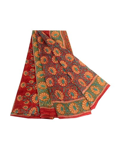 Sanskriti Vintage Sarees From India Red Pure Georgette Silk Printed Sari Fabric, PRG-12388-Red-Printed Floral Design-Pure Georgette Silk-2