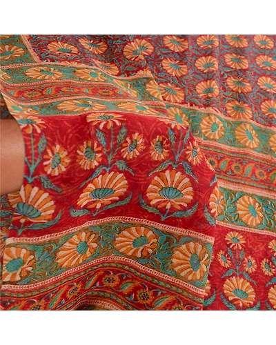 Sanskriti Vintage Sarees From India Red Pure Georgette Silk Printed Sari Fabric, PRG-12388-Red-Printed Floral Design-Pure Georgette Silk-4