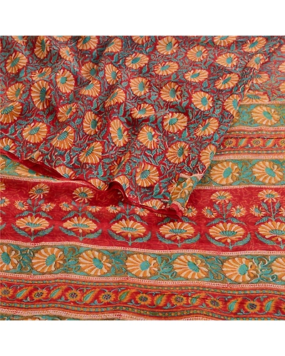 Sanskriti Vintage Sarees From India Red Pure Georgette Silk Printed Sari Fabric, PRG-12388-Red-Printed Floral Design-Pure Georgette Silk-7