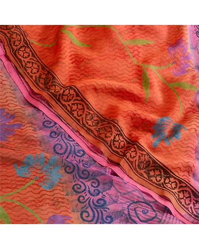 Sanskriti Vintage Sarees Blue Block Print Pure Georgette Silk Sari Craft Fabric, PRG-12392-Blue-Printed Floral Design-Pure Georgette Silk-1