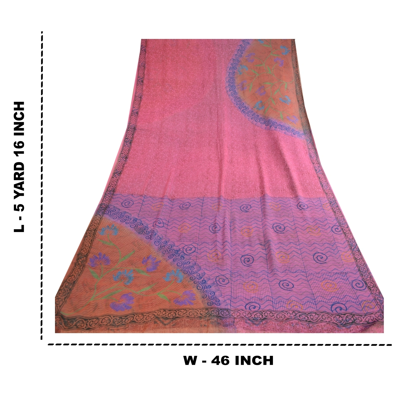 Sanskriti Vintage Sarees Blue Block Print Pure Georgette Silk Sari Craft Fabric, PRG-12392-Blue-Printed Floral Design-Pure Georgette Silk-3