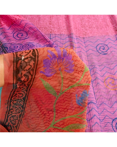 Sanskriti Vintage Sarees Blue Block Print Pure Georgette Silk Sari Craft Fabric, PRG-12392-Blue-Printed Floral Design-Pure Georgette Silk-4