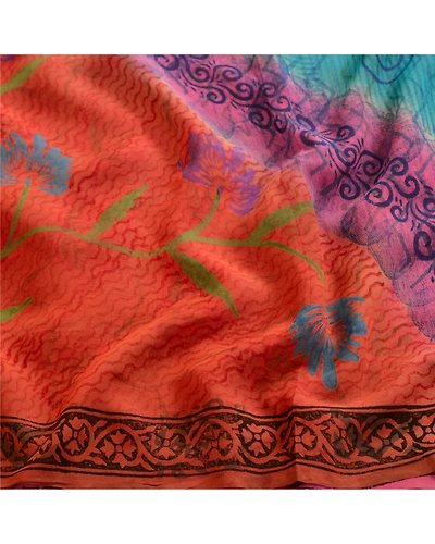 Sanskriti Vintage Sarees Blue Block Print Pure Georgette Silk Sari Craft Fabric, PRG-12392-Blue-Printed Floral Design-Pure Georgette Silk-6