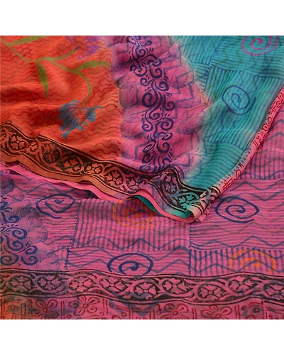 Sanskriti Vintage Sarees Blue Block Print Pure Georgette Silk Sari Craft Fabric, PRG-12392-Blue-Printed Floral Design-Pure Georgette Silk-7
