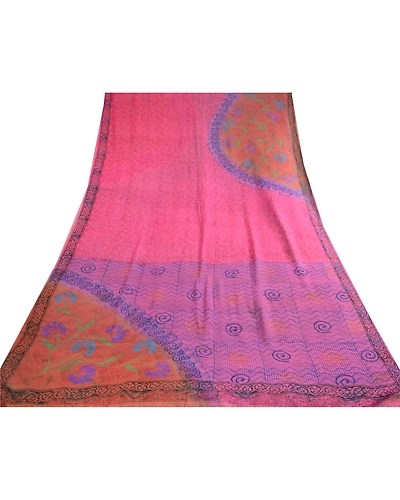 Sanskriti Vintage Sarees Blue Block Print Pure Georgette Silk Sari Craft Fabric, PRG-12392-Blue-Printed Floral Design-Pure Georgette Silk-8