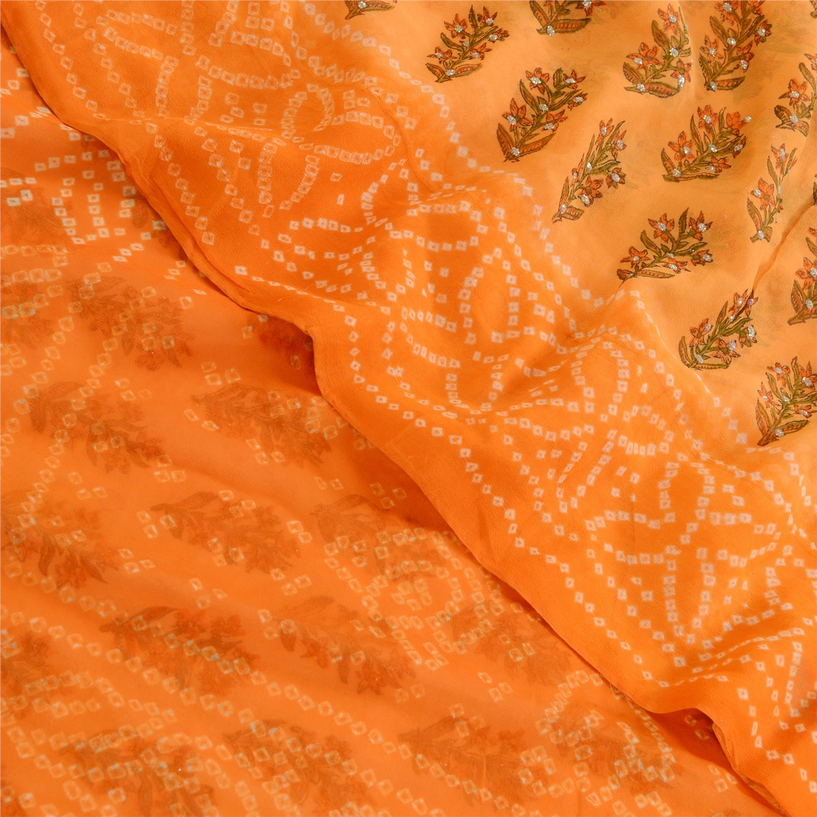 Sanskriti Vintage Sarees Pure Georgette Silk Bandhani Print Sparkle Sari Fabric, PRG-12406-Orange-Printed Floral Design-Pure Georgette Silk-1