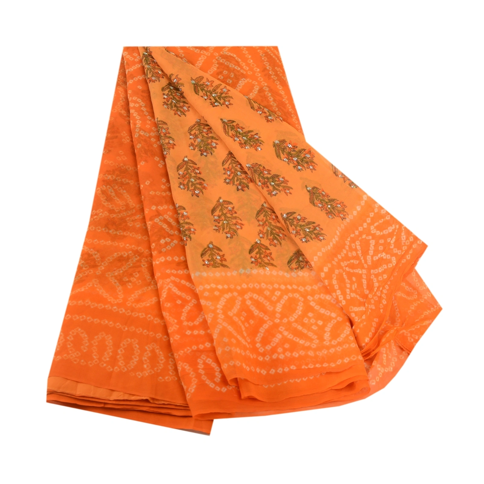 Sanskriti Vintage Sarees Pure Georgette Silk Bandhani Print Sparkle Sari Fabric, PRG-12406-Orange-Printed Floral Design-Pure Georgette Silk-2