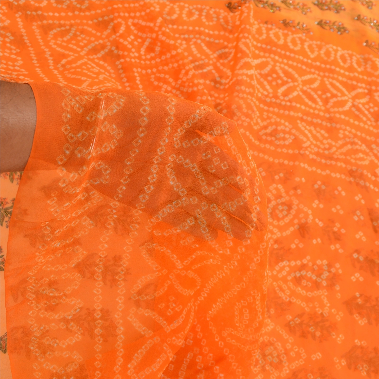 Sanskriti Vintage Sarees Pure Georgette Silk Bandhani Print Sparkle Sari Fabric, PRG-12406-Orange-Printed Floral Design-Pure Georgette Silk-4