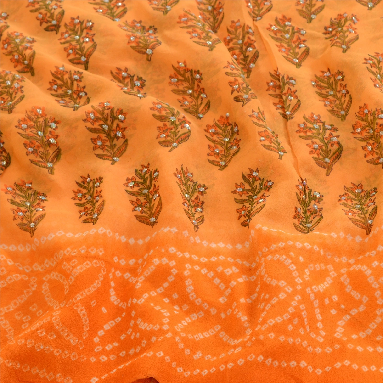 Sanskriti Vintage Sarees Pure Georgette Silk Bandhani Print Sparkle Sari Fabric, PRG-12406-Orange-Printed Floral Design-Pure Georgette Silk-6