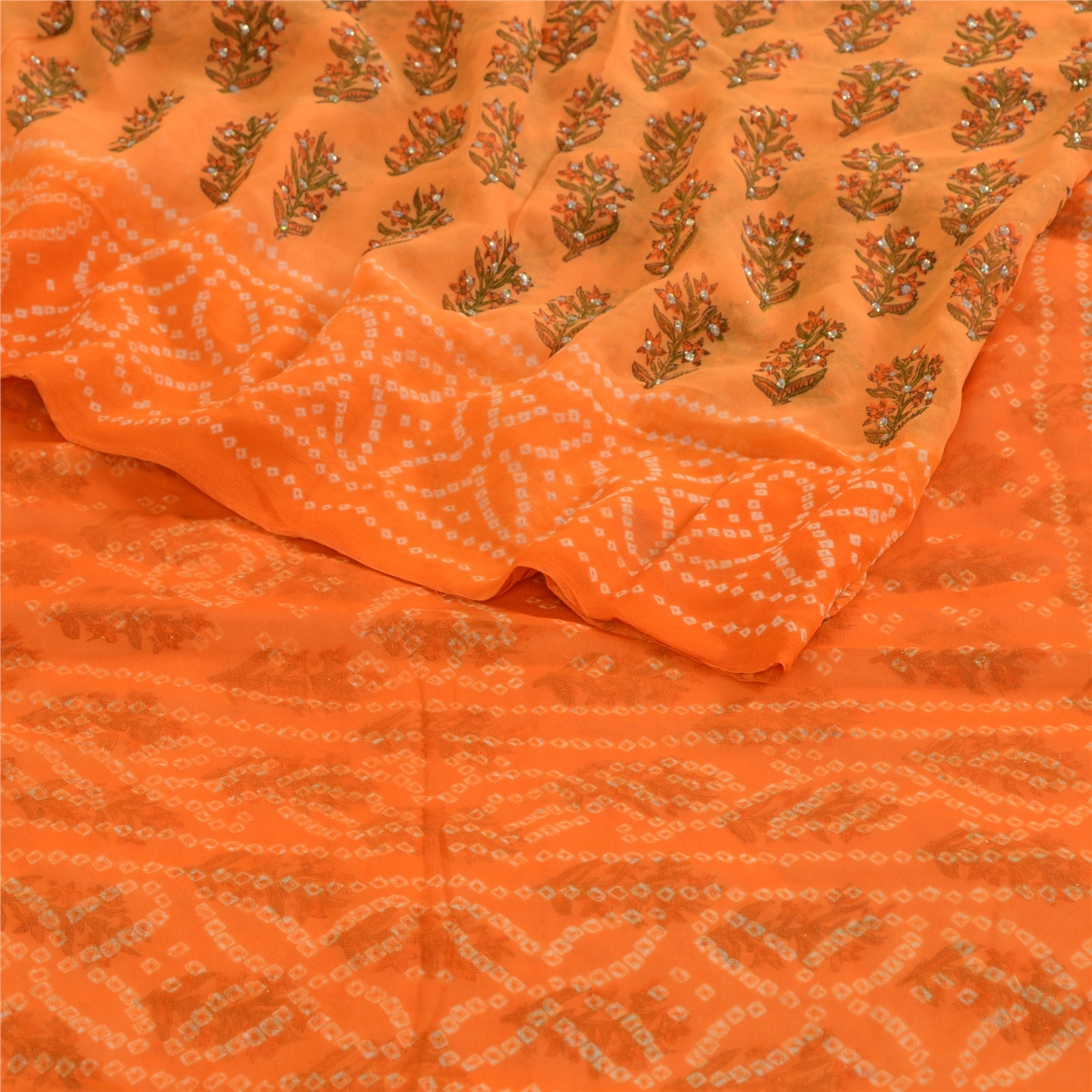 Sanskriti Vintage Sarees Pure Georgette Silk Bandhani Print Sparkle Sari Fabric, PRG-12406-Orange-Printed Floral Design-Pure Georgette Silk-7