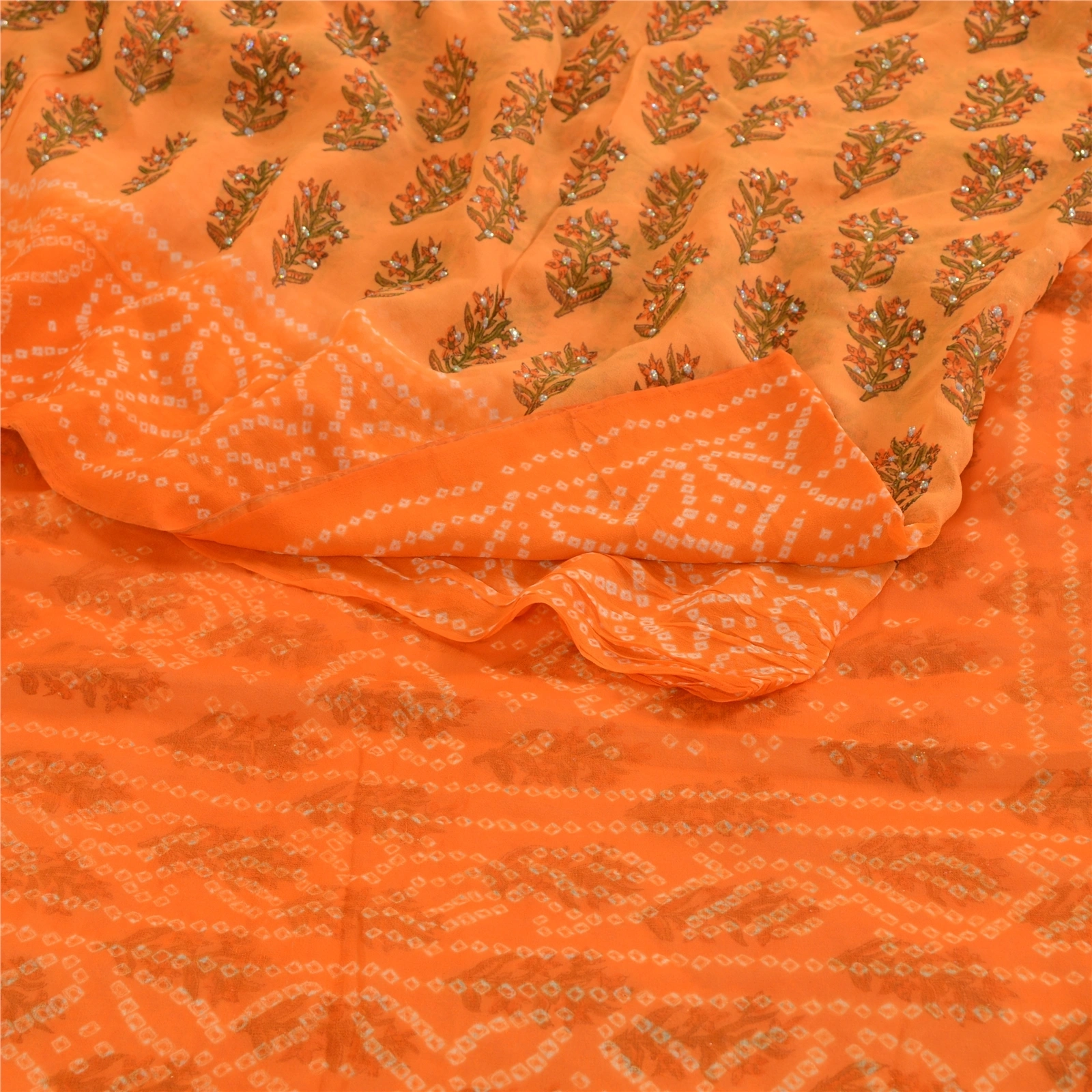 Sanskriti Vintage Sarees Pure Georgette Silk Bandhani Print Sparkle Sari Fabric, PRG-12406-Orange-Printed Floral Design-Pure Georgette Silk-9