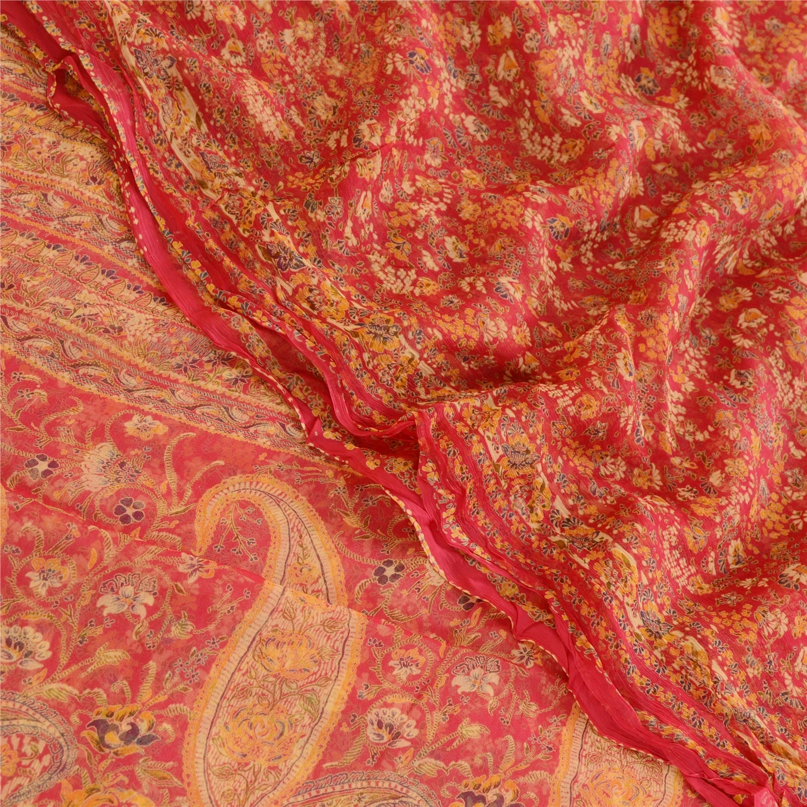 Sanskriti Vintage Sarees Red Blend Chiffon Printed Sari 5Yd Floral Craft Fabric, PRG-12411-Red-Printed Floral Design-Blend Chiffon-1