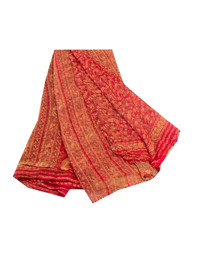 Sanskriti Vintage Sarees Red Blend Chiffon Printed Sari 5Yd Floral Craft Fabric, PRG-12411-Red-Printed Floral Design-Blend Chiffon-2