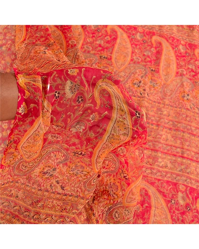 Sanskriti Vintage Sarees Red Blend Chiffon Printed Sari 5Yd Floral Craft Fabric, PRG-12411-Red-Printed Floral Design-Blend Chiffon-4