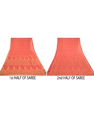 Sanskriti Vintage Sarees Red Blend Chiffon Printed Sari 5Yd Floral Craft Fabric, PRG-12411-Red-Printed Floral Design-Blend Chiffon-5