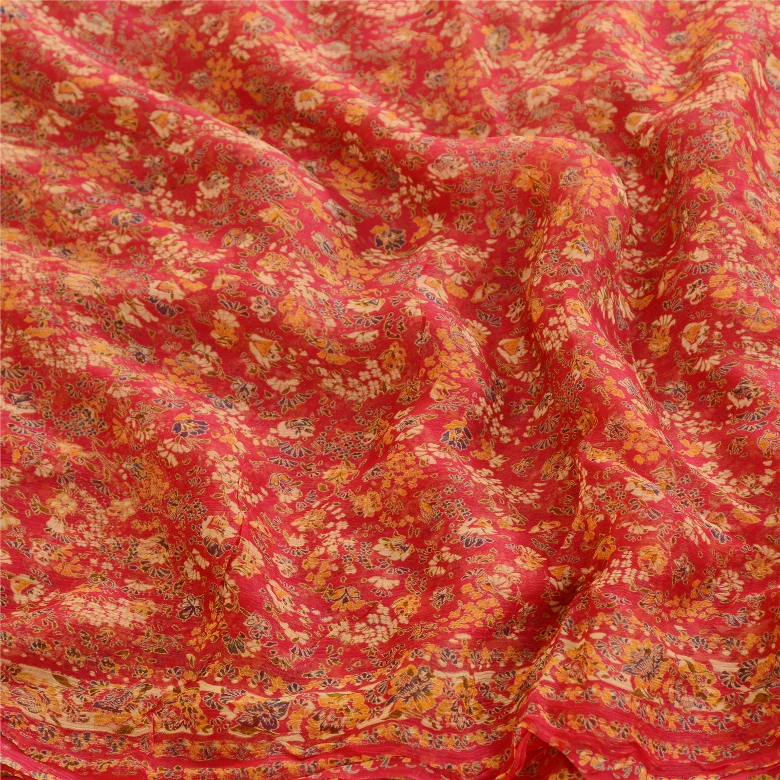 Sanskriti Vintage Sarees Red Blend Chiffon Printed Sari 5Yd Floral Craft Fabric, PRG-12411-Red-Printed Floral Design-Blend Chiffon-6