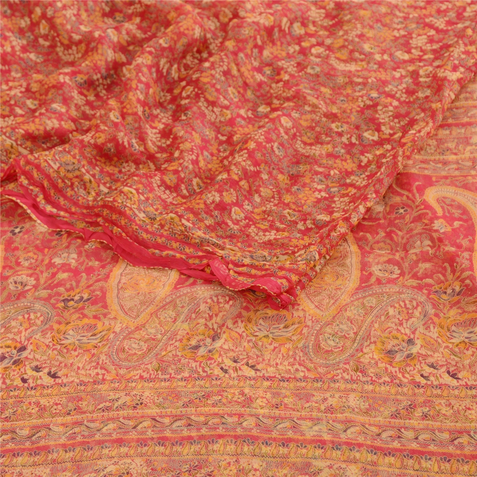 Sanskriti Vintage Sarees Red Blend Chiffon Printed Sari 5Yd Floral Craft Fabric, PRG-12411-Red-Printed Floral Design-Blend Chiffon-7