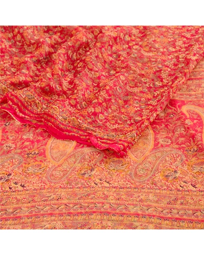 Sanskriti Vintage Sarees Red Blend Chiffon Printed Sari 5Yd Floral Craft Fabric, PRG-12411-Red-Printed Floral Design-Blend Chiffon-7