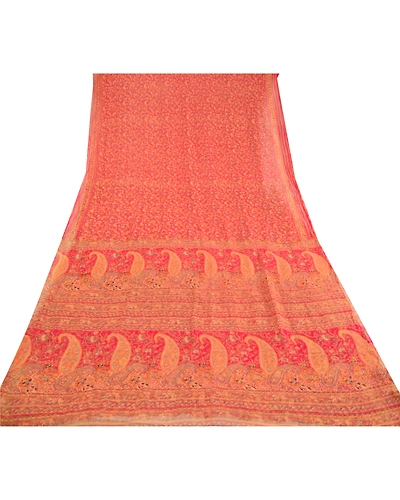 Sanskriti Vintage Sarees Red Blend Chiffon Printed Sari 5Yd Floral Craft Fabric, PRG-12411-Red-Printed Floral Design-Blend Chiffon-8