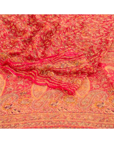 Sanskriti Vintage Sarees Red Blend Chiffon Printed Sari 5Yd Floral Craft Fabric, PRG-12411-Red-Printed Floral Design-Blend Chiffon-9