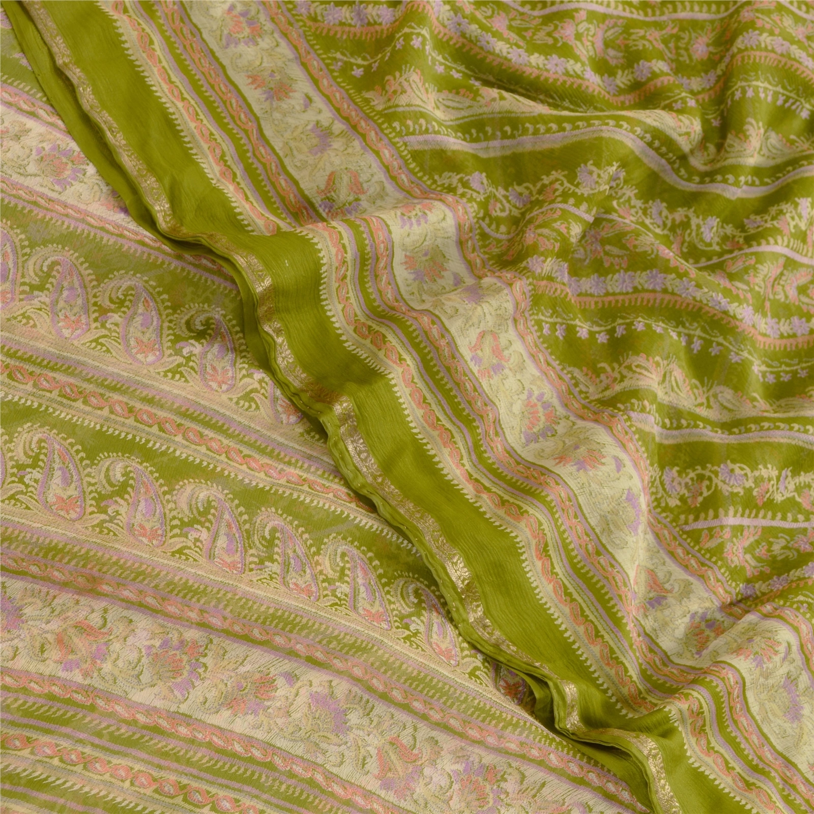 Sanskriti Vintage Sarees Green Pure Chiffon Silk Printed Sari 5Yd Craft Fabric, PRG-12414-Green-Printed Floral Design-Pure Chiffon Silk-1