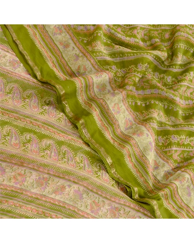 Sanskriti Vintage Sarees Green Pure Chiffon Silk Printed Sari 5Yd Craft Fabric, PRG-12414-Green-Printed Floral Design-Pure Chiffon Silk-1