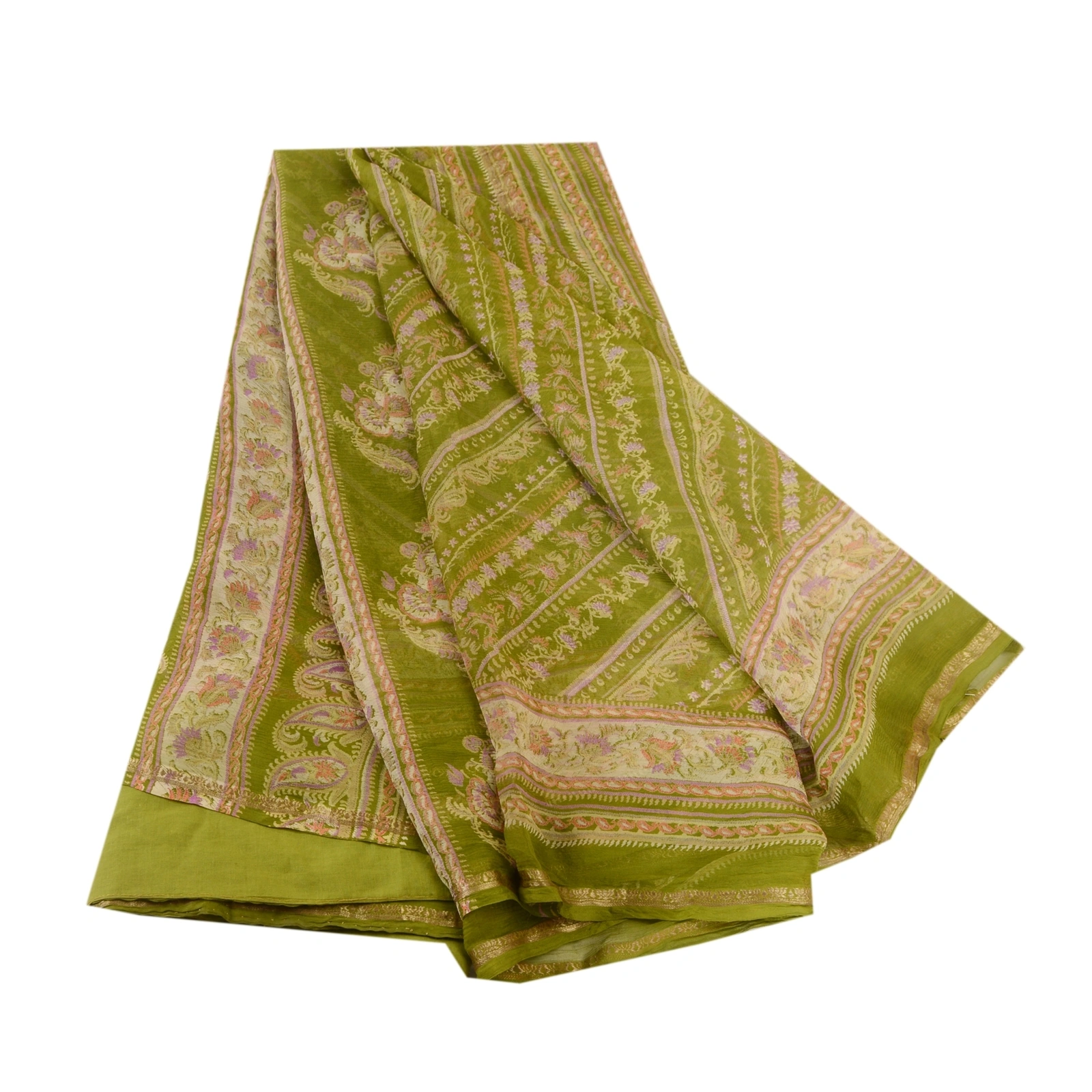 Sanskriti Vintage Sarees Green Pure Chiffon Silk Printed Sari 5Yd Craft Fabric, PRG-12414-Green-Printed Floral Design-Pure Chiffon Silk-2