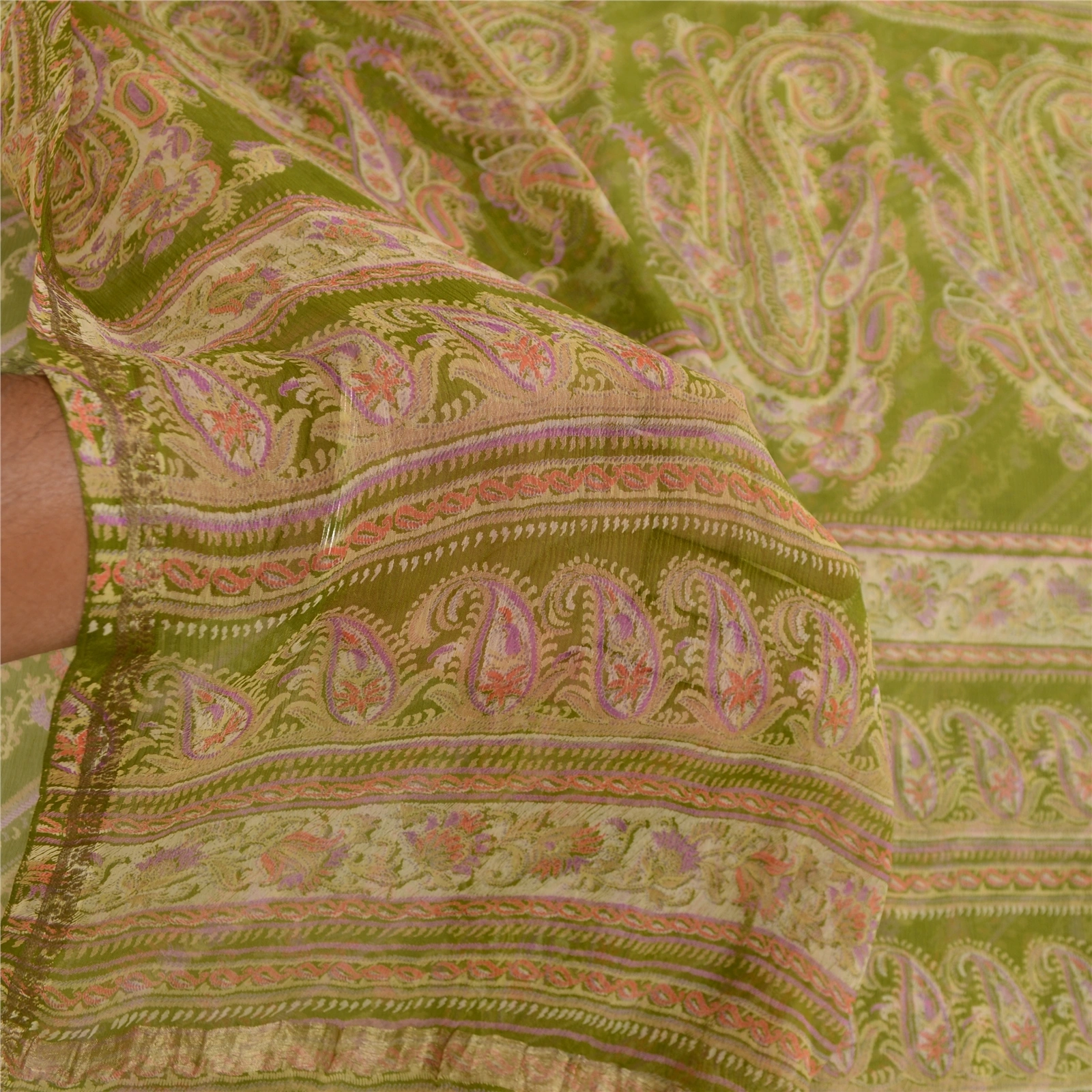 Sanskriti Vintage Sarees Green Pure Chiffon Silk Printed Sari 5Yd Craft Fabric, PRG-12414-Green-Printed Floral Design-Pure Chiffon Silk-4